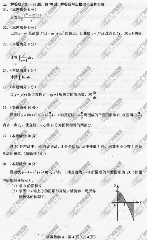 广东省成人高考2014年统一考试专升本高等数学真题A卷