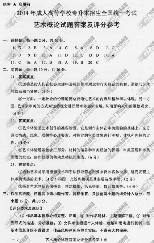 广东省成人高考2014年统一考试专升本艺术概论真题B卷参考答案